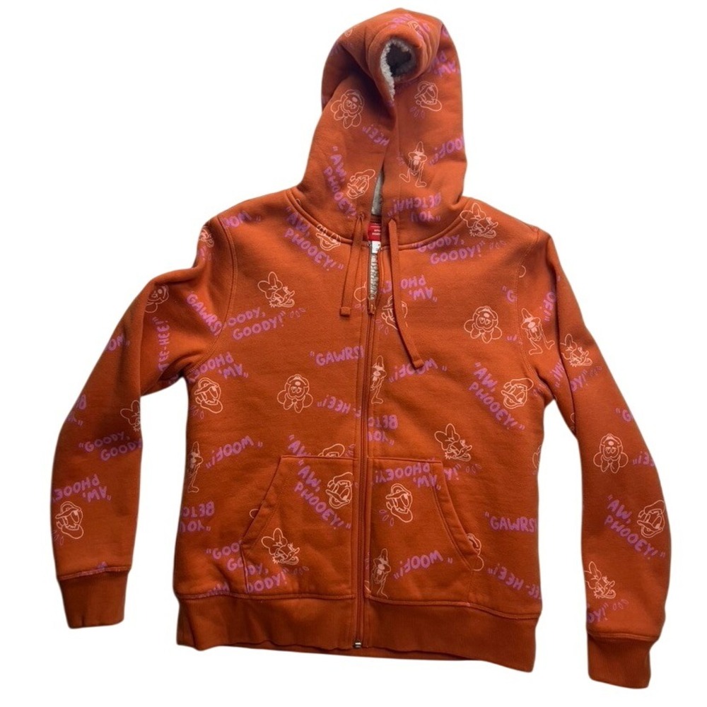 Disney‎ Sherpa Lined Zip-Up Hooded Sweatshirt Orange Goofy Womens Medium